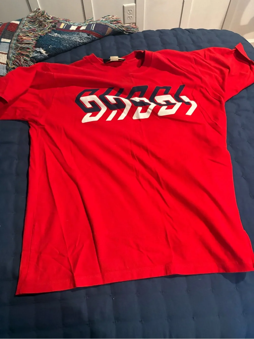 Gucci Red Short Sleeve Tee with White and Navy Graphic